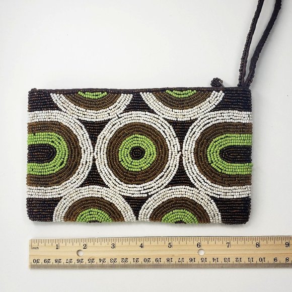 Vintage beaded zip clutch Retro brown, green, white circle motif handbag wallet - Picture 11 of 14
